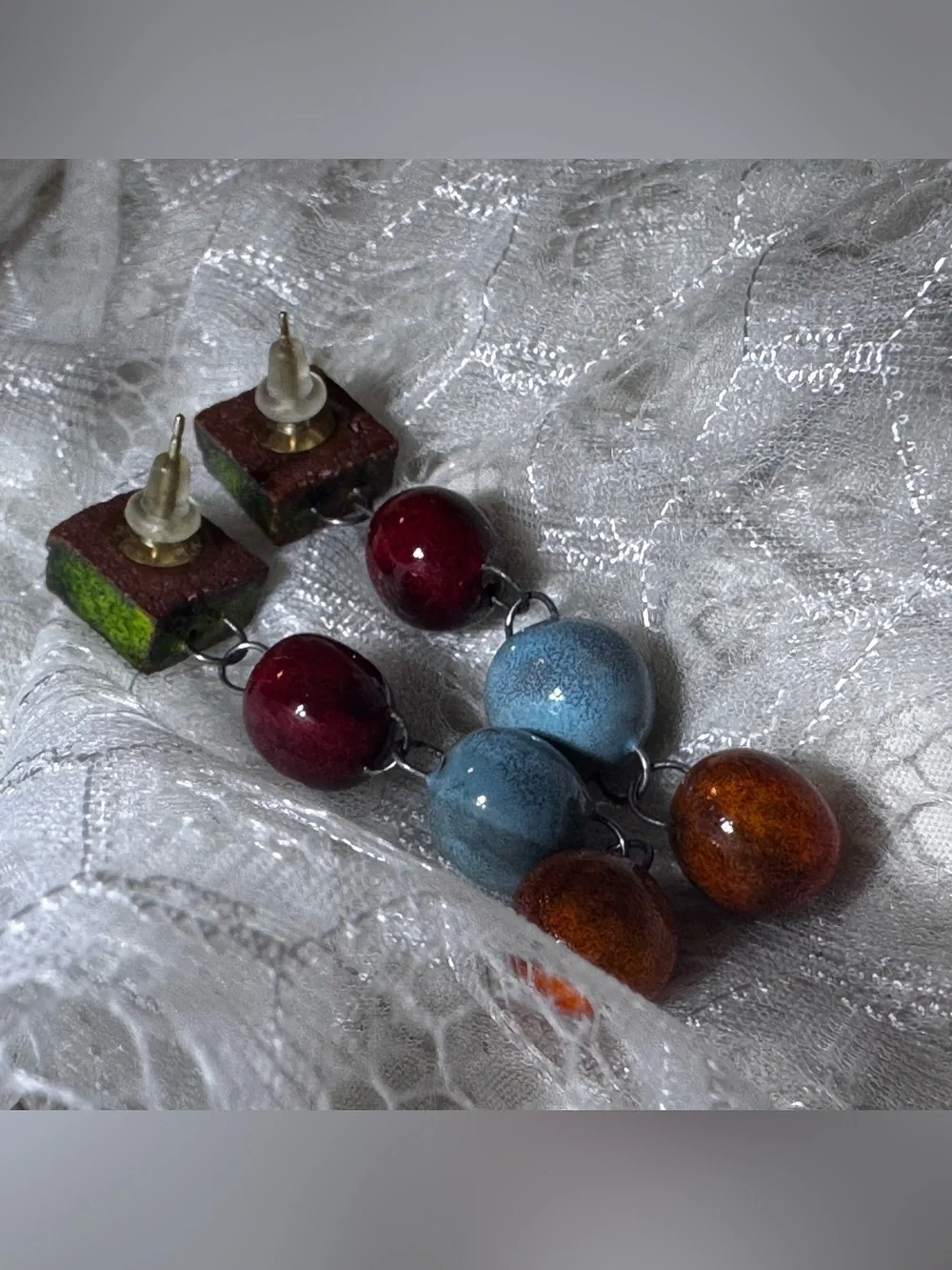 Vintage Artisan Enamel Bead Dangle Earrings Colorful Modernist Boho Pierced